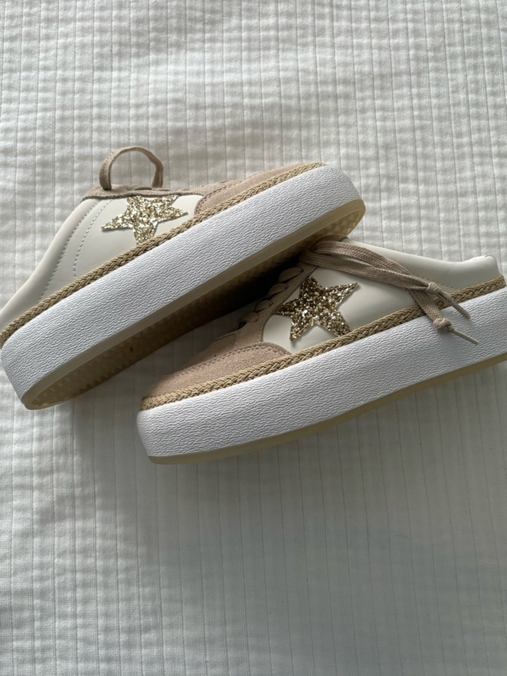 Vintage Havana Val Ream Taupe & Gold Glitter Star Rafia Platform Sneakers mules - Picture 3 of 7